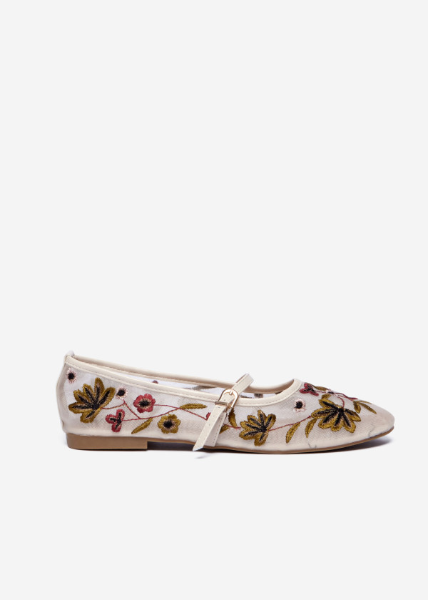 Beige Embroidered Mary Jane Flats 2