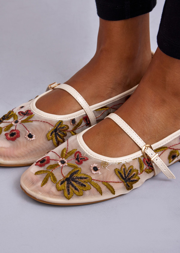 Beige Embroidered Mary Jane Flats 3