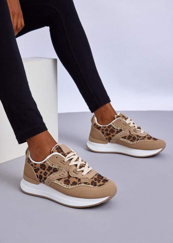 Beige Leopard Print Glitter Sneakers 1