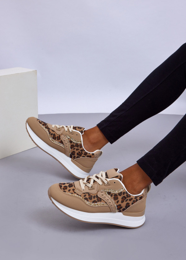Beige Leopard Print Glitter Sneakers 2