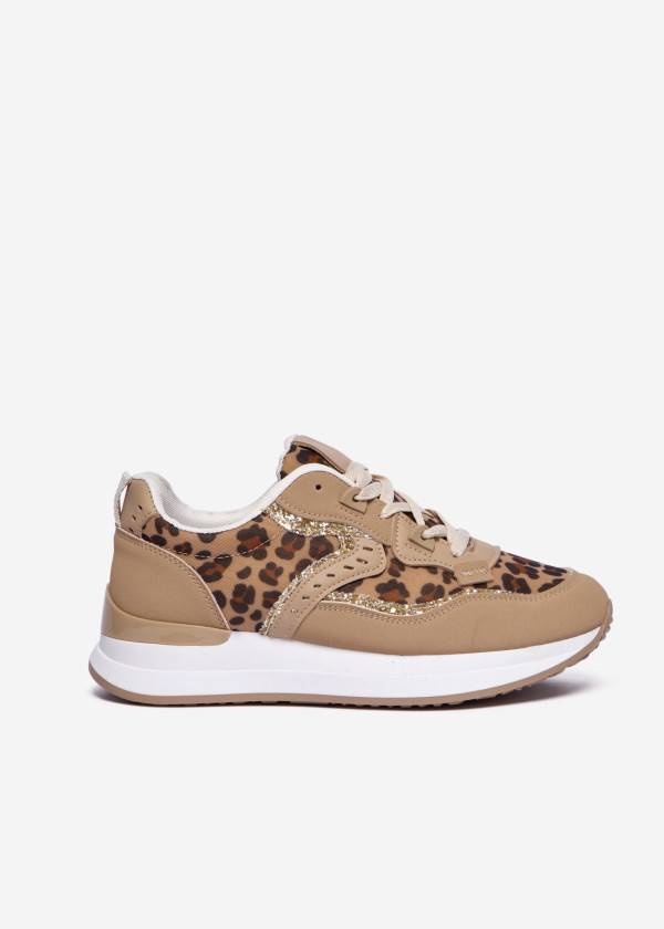 Beige Leopard Print Glitter Sneakers 3