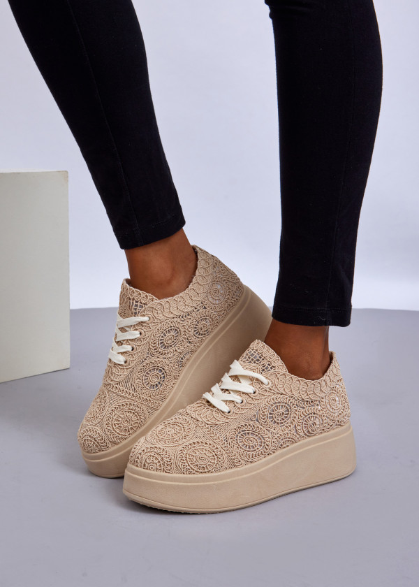 Beige Lace Platform Sneakers
