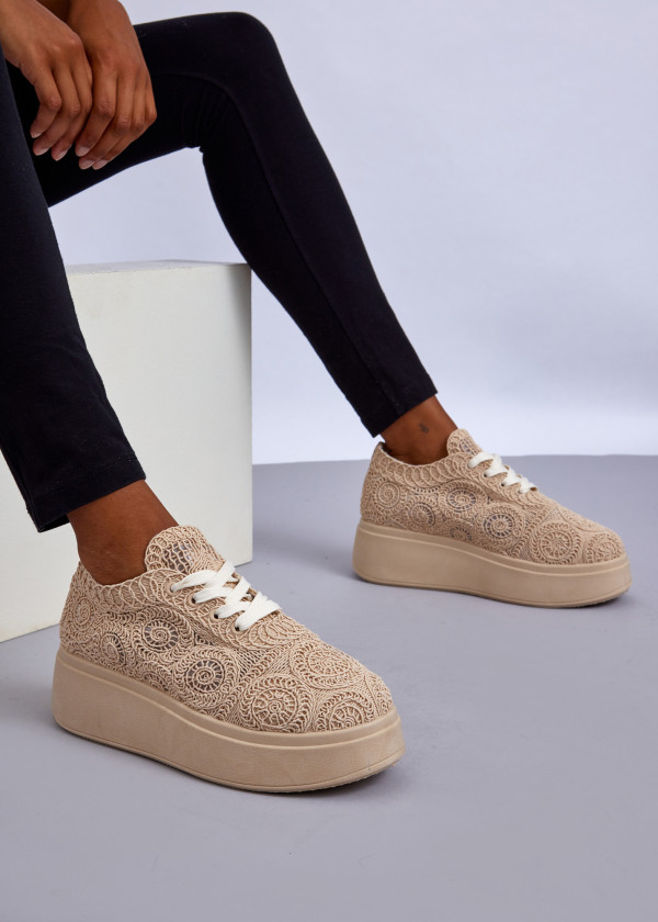 Beige Lace Platform Sneakers 1