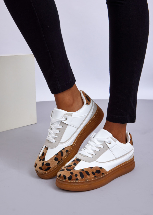 White/Beige Leopard Print Sneakers