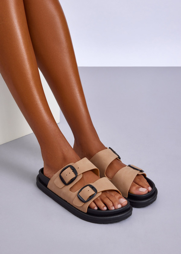Khaki Double Strap Sliders 1