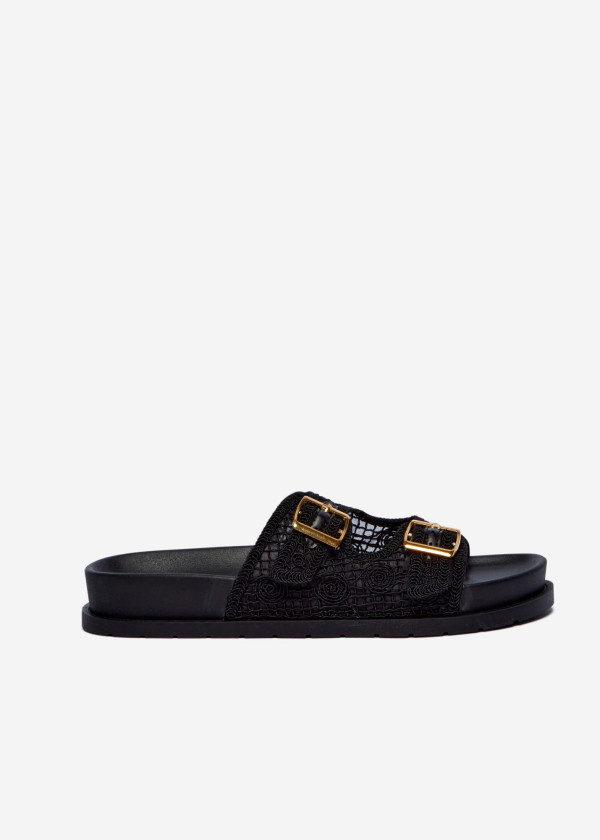 Black Lace Double Buckle Slider Sandals 3