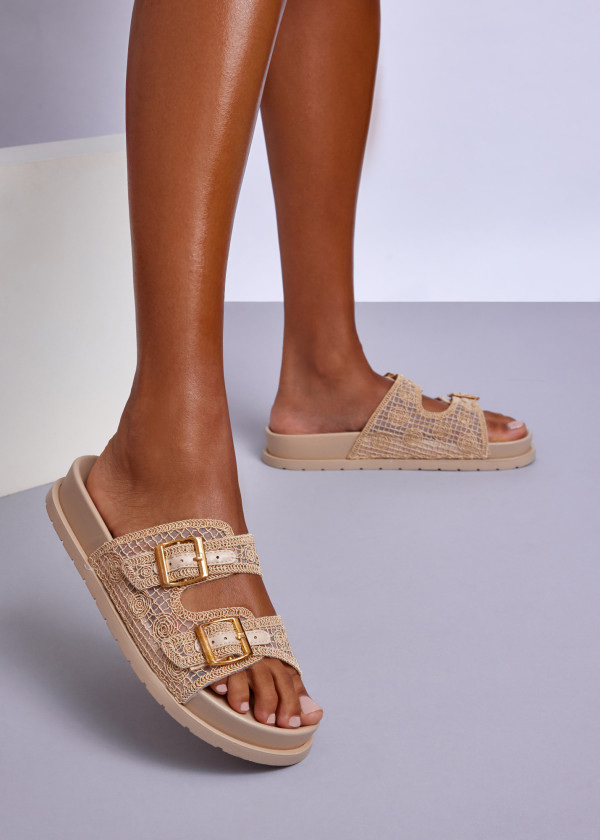 Beige Lace Double Buckle Slider Sandals