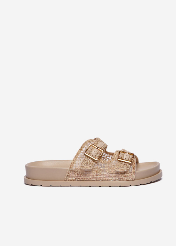 Beige Lace Double Buckle Slider Sandals 3