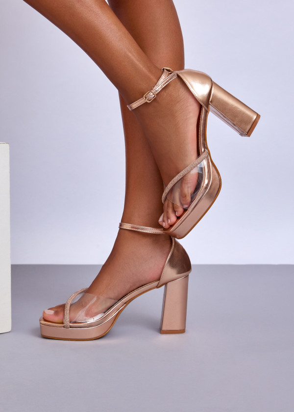 Rose Gold Block Heel Sandals with Clear Strap and Rhinestones 1