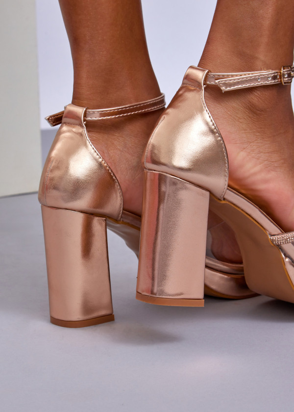 Rose Gold Block Heel Sandals with Clear Strap and Rhinestones 2