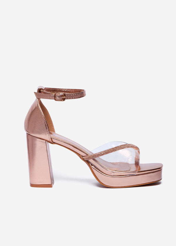Rose Gold Block Heel Sandals with Clear Strap and Rhinestones 3
