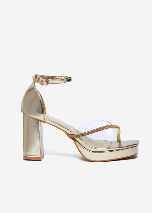Gold Block Heel Sandals with Clear Strap and Rhinestones 3