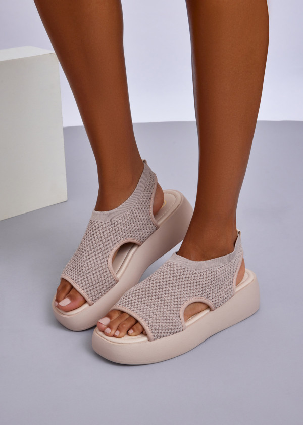 Beige Stretch Knit Platform Sandals