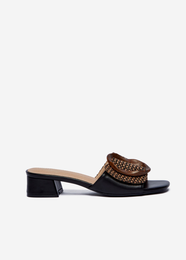 Black Woven Block Heel Mules with Oversized Buckle 3
