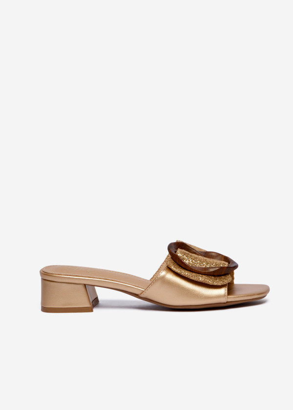 Gold Woven Block Heel Mules with Oversized Buckle 3