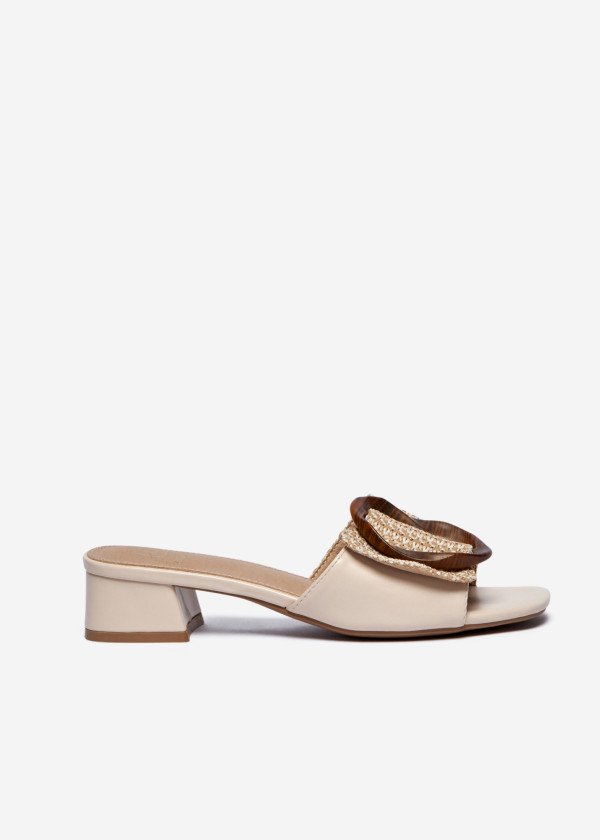 Beige Woven Block Heel Mules with Oversized Buckle 3