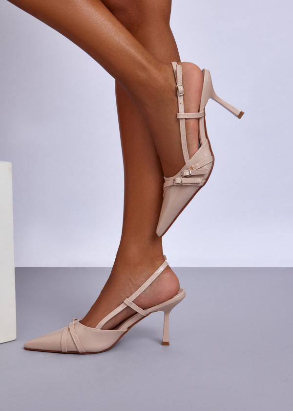 Beige Patent Slingback Pointed Heels 1