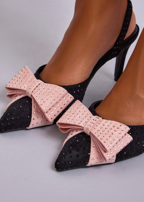 Black and Pink Slingback Heels with Large Bow and Stud Embellishments 2