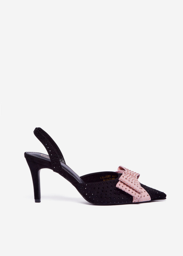 Black and Pink Slingback Heels with Large Bow and Stud Embellishments 3
