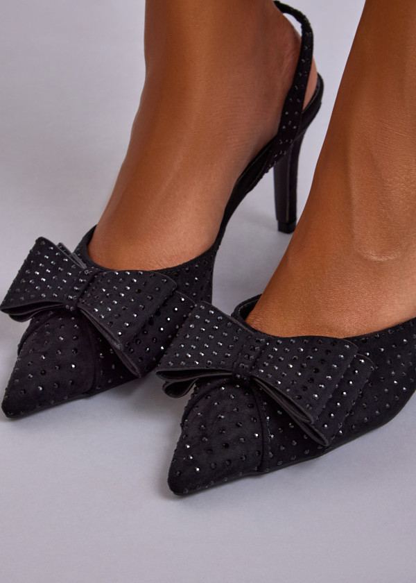 Black Slingback Heels with Large Bow and Stud Embellishments 1