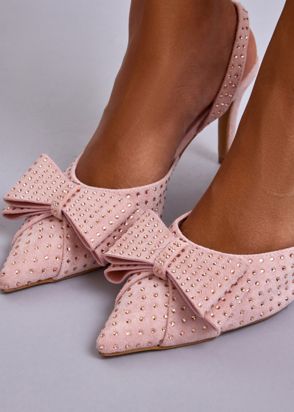 Pink Slingback Heels with Large Bow and Gold Stud Embellishments 2
