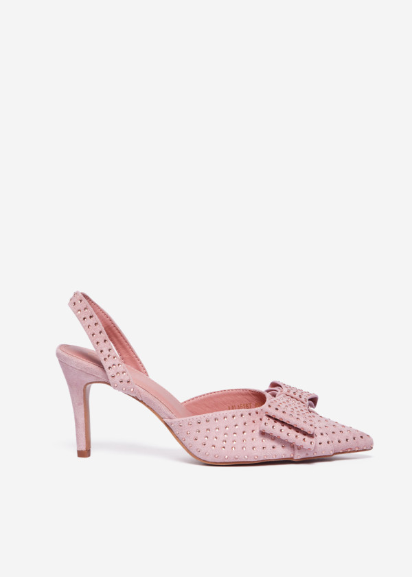 Pink Slingback Heels with Large Bow and Gold Stud Embellishments 3