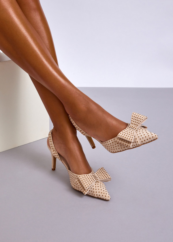 Beige Slingback Heels with Large Bow and Gold Stud Embellishments 1