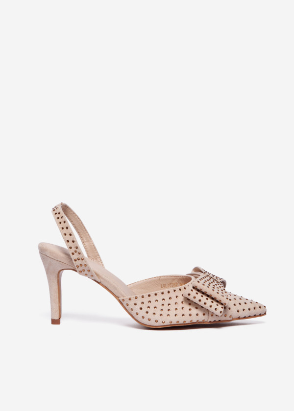 Beige Slingback Heels with Large Bow and Gold Stud Embellishments 3