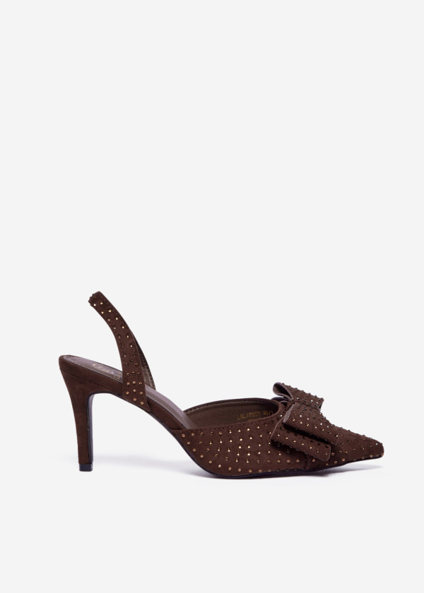 Brown Slingback Heels with Large Bow and Gold Stud Embellishments 3