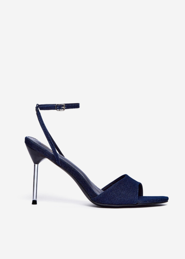 Blue Denim Stiletto Sandals with Ankle Strap and Metal Heel 3