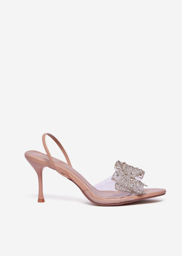 Beige Stiletto Sandals with Crystal Bow 3