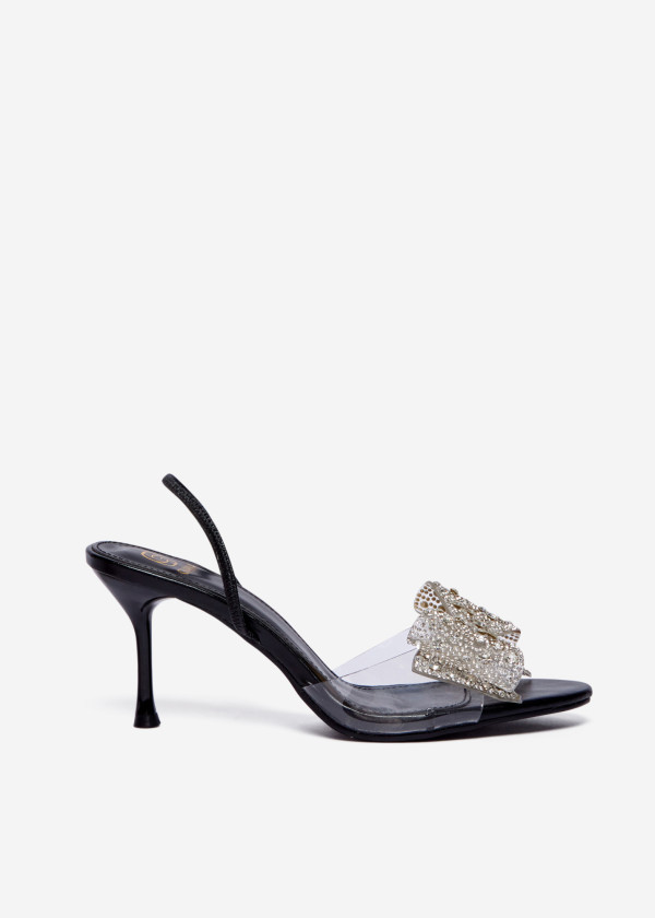 Black Stiletto Sandals with Crystal Bow 3