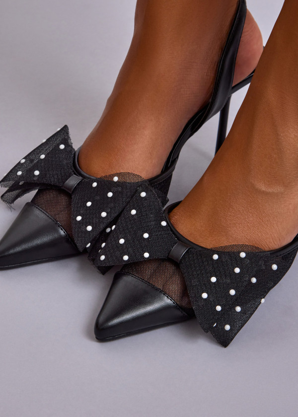 Black Mesh Slingback Heels with Polka Dot Bow 1
