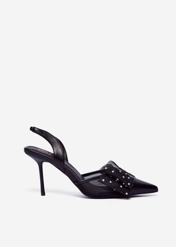Black Mesh Slingback Heels with Polka Dot Bow 3
