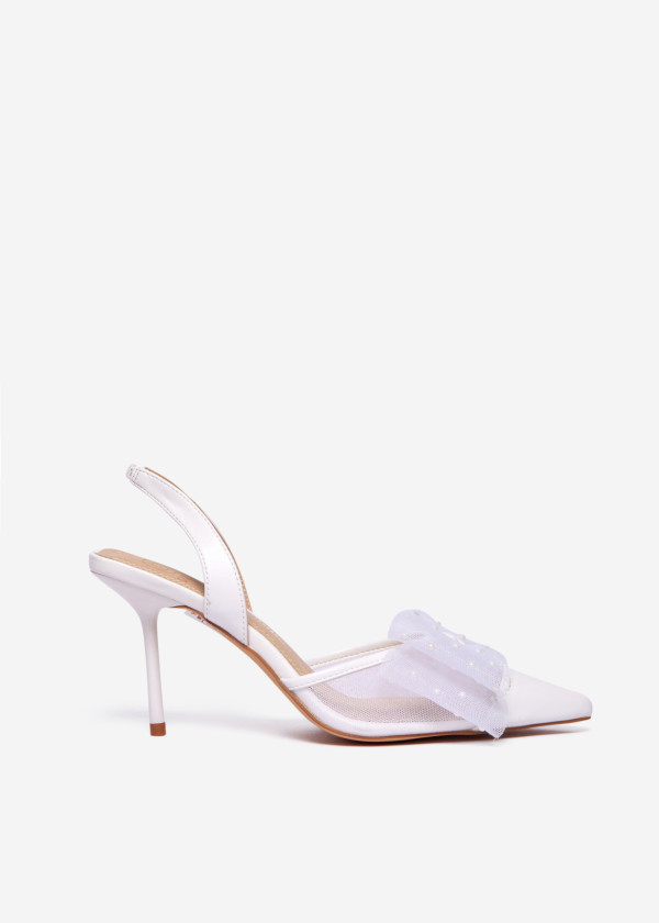 White Mesh Slingback Heels with Pearl Bow 3
