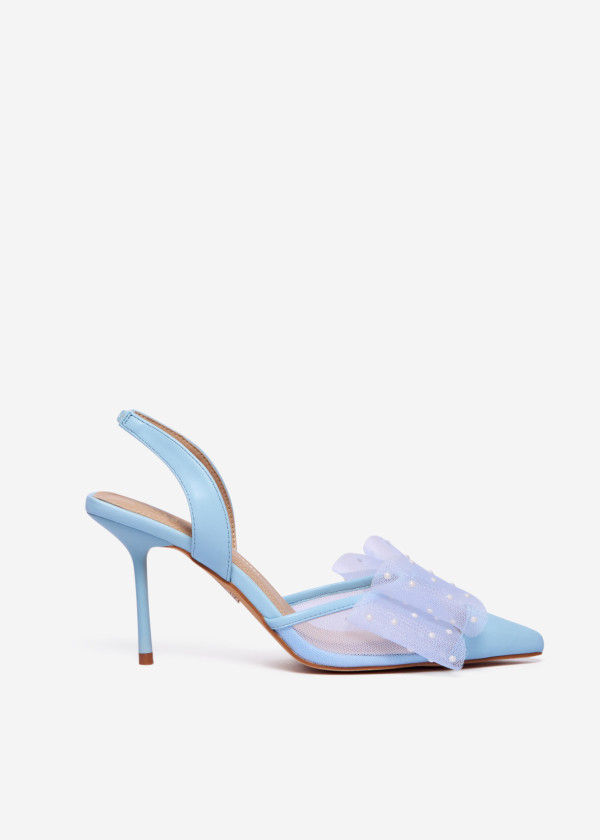 Blue Stiletto Heels with Bow and Pearls 3