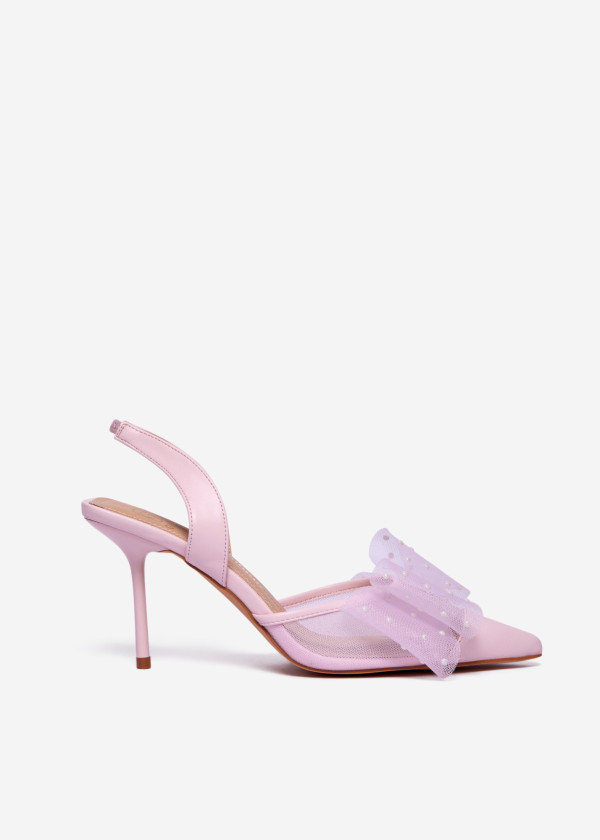 Pink Mesh Slingback Heels with Pearl Bow 3