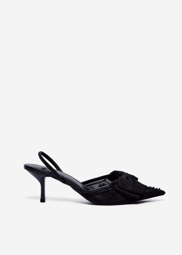 Black slingback heels with bow and beaded embroidery 3