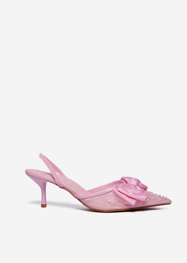 Pink slingback heels with bow and beaded embroidery 3