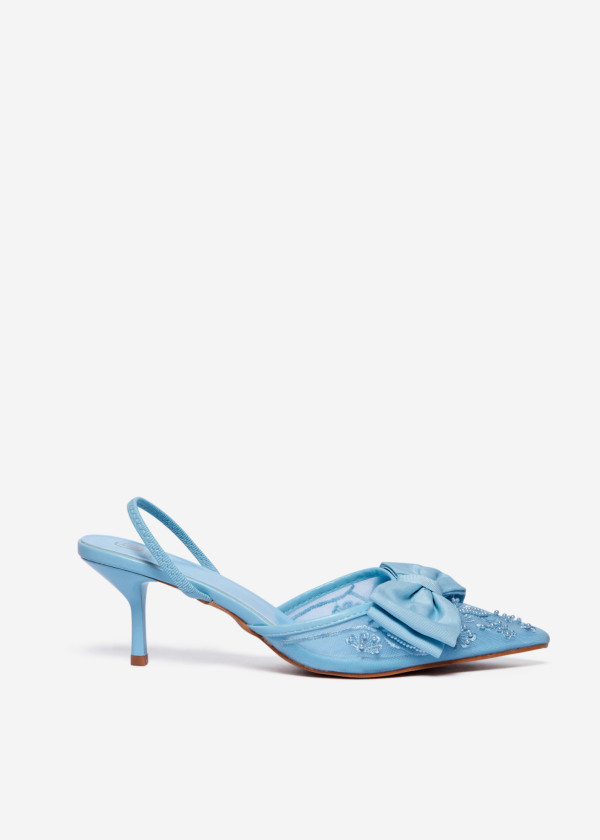 Blue slingback heels with bow and beaded embroidery 3