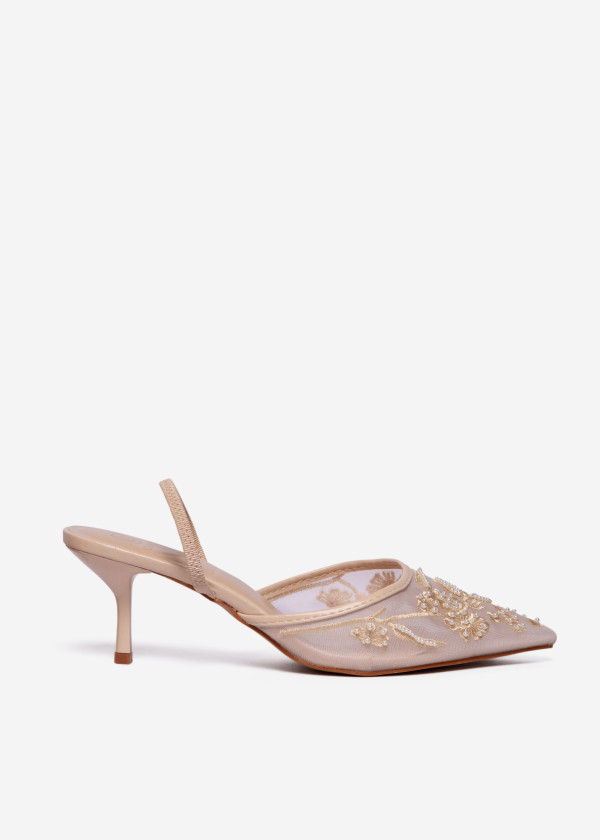 Beige Beaded Mesh Slingback Heels 3