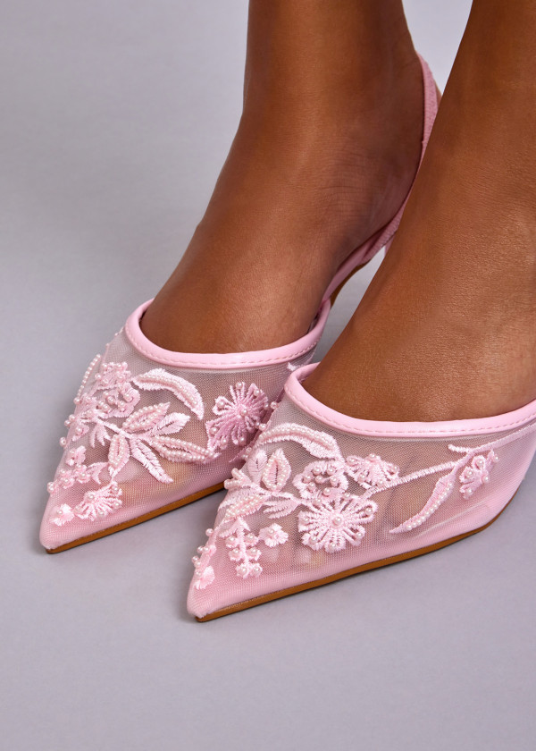 Pink Beaded Mesh Slingback Heels 1