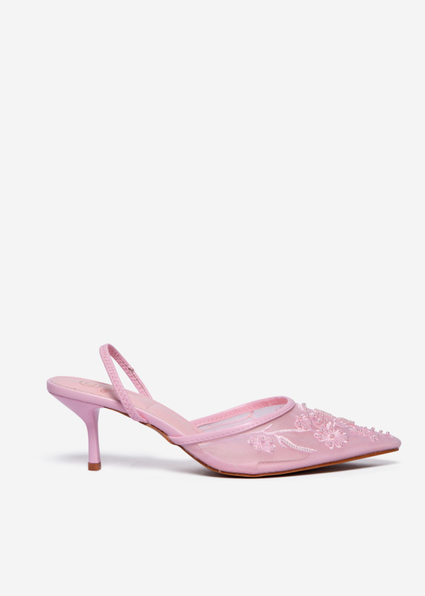 Pink Beaded Mesh Slingback Heels 3