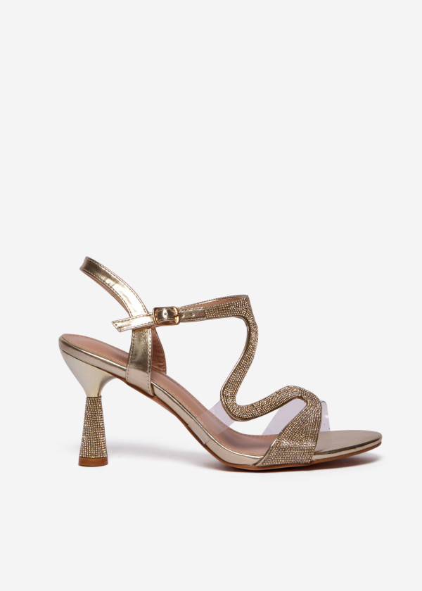 Gold Rhinestone Strappy Sandals with Embellished Heel 3