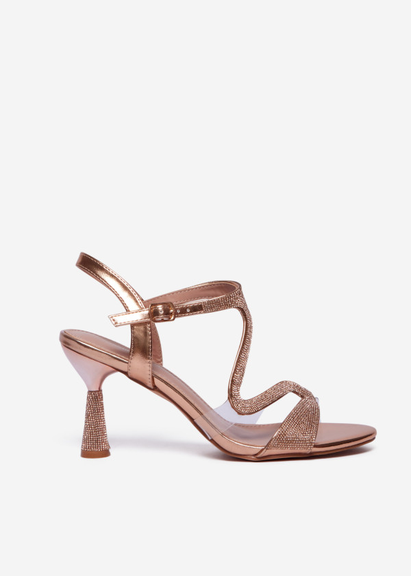 Rose Gold Rhinestone Strappy Sandals with Embellished Heel 3