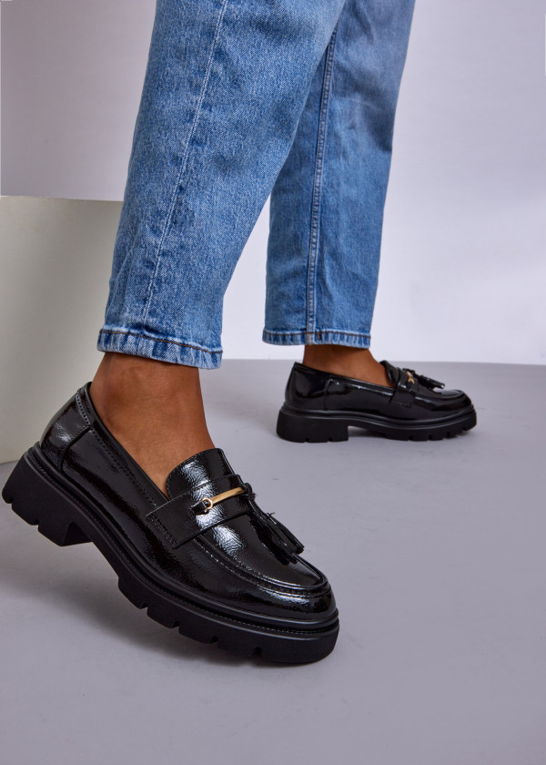 Black Patent Loafers with Tassels and Gold Bar 4