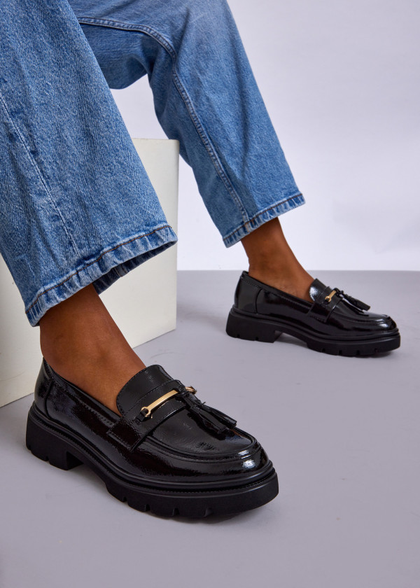 Black Patent Loafers with Tassels and Gold Bar 1