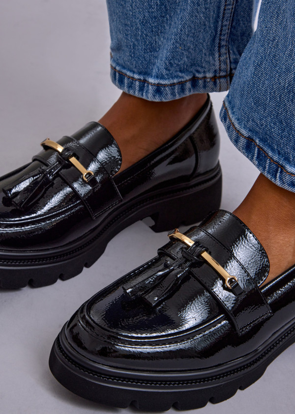 Black Patent Loafers with Tassels and Gold Bar 2