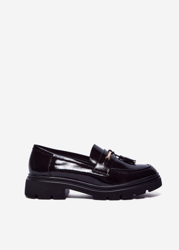 Black Patent Loafers with Tassels and Gold Bar 3
