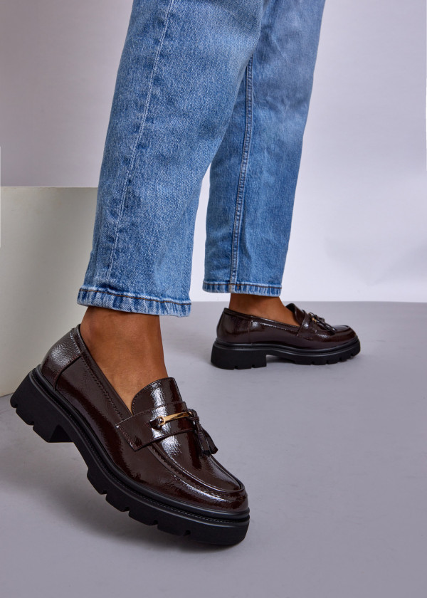 Wine Patent Loafers with Tassels and Gold Bar